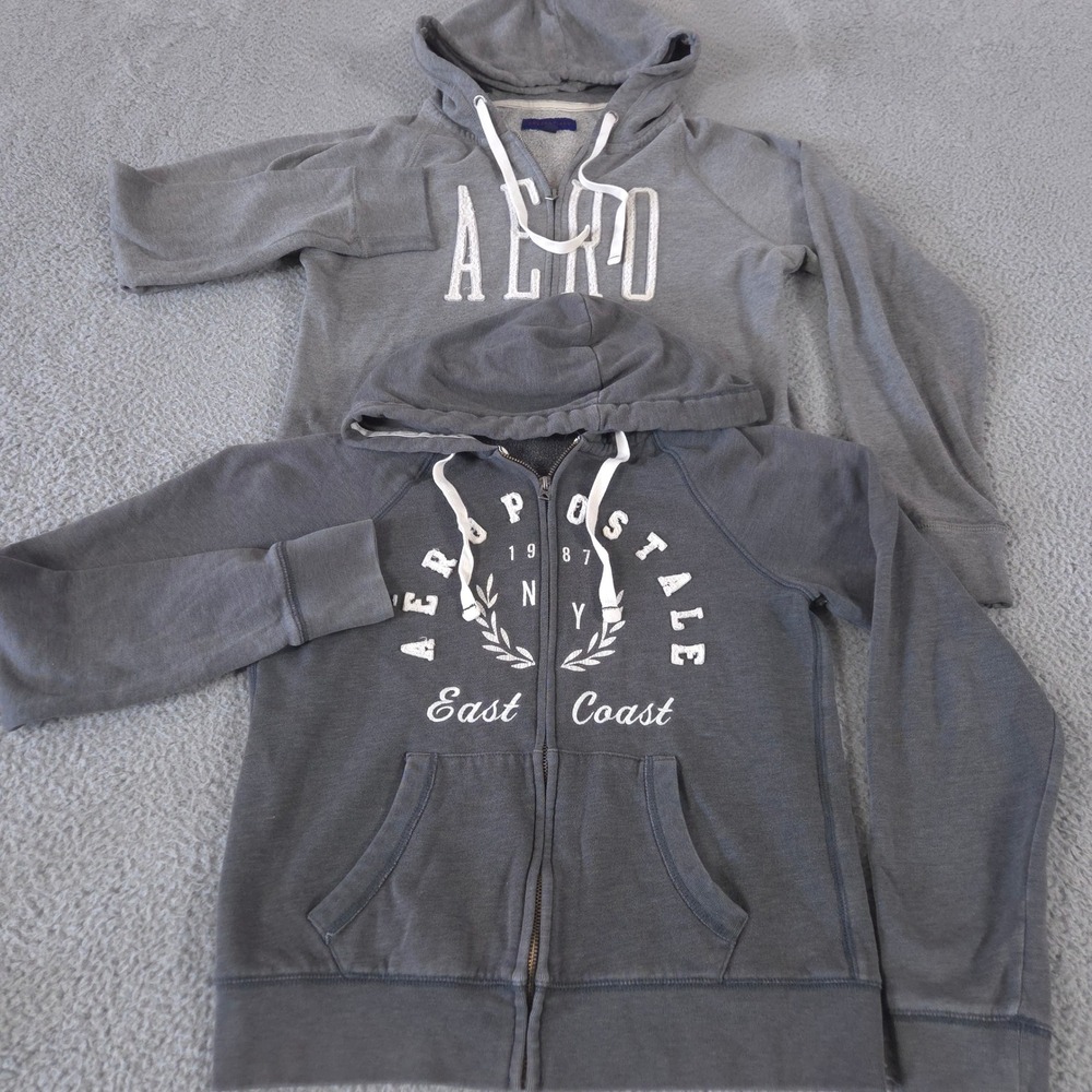 LOT OF‎ 2 VTG Aeropostale Hoodie Womens M L Grey Y2K Full-Zip Fleece Graphic